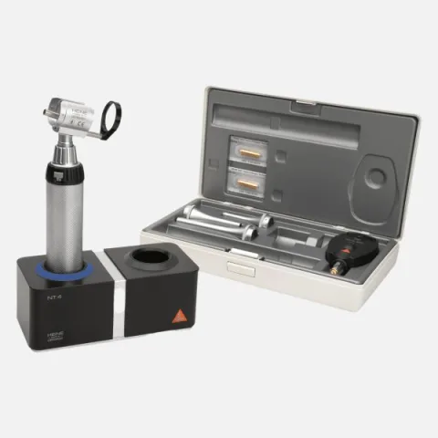 HEINE G100 slit illumination head, BETA 200 ophthalmoscope, rechargeable handle BETA4 NT, NT4 desktop charger, specula, case