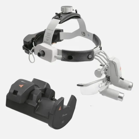 HEINE ML4 LED headlight, HRP 4x / 340 mm binocular loupe with S-GUARD protection, wall charger EN 50 UNPLUGGED, 2 mPack UNPLUGGED charging units. Set 9.