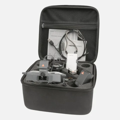 Indirect ophthalmoscope HEINE SIGMA 250 M2 with S-FRAME, mPack mini charging unit, teaching mirror, blue and yellow filters, diffuser, case.