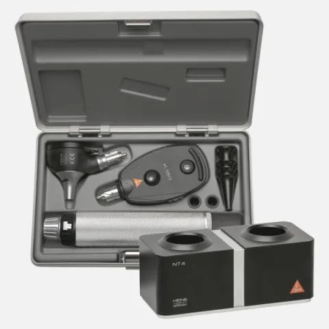 HEINE K 180 F.O. otoscope 3.5 V, K 180 direct ophthalmoscope 3.5 V, rechargeable handle BETA4 NT, NT4 desktop charger, specula, case