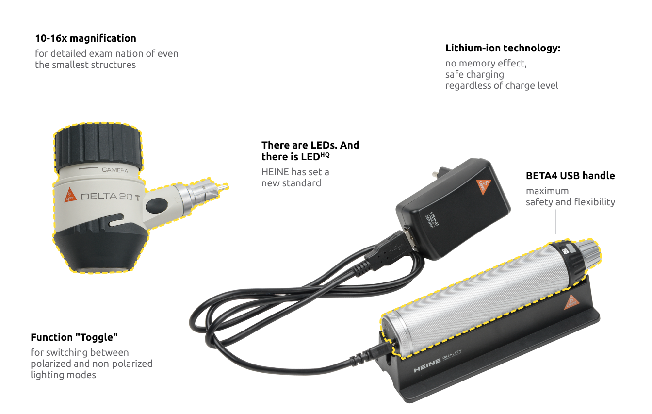 HEINE DELTA 20 T dermatoscope, rechargeable handle BETA4 USB, case