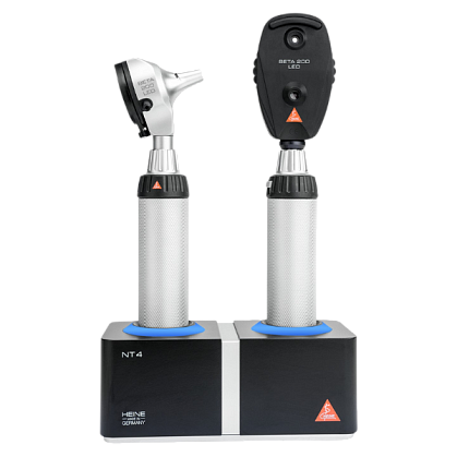 HEINE BETA 200 F.O. LED Otoscope 3.5 V with BETA 200 Direct LED Ophthalmoscope 3.5 V, two BETA 4 NT Rechargeable Handles and NT 4 Desktop Charger