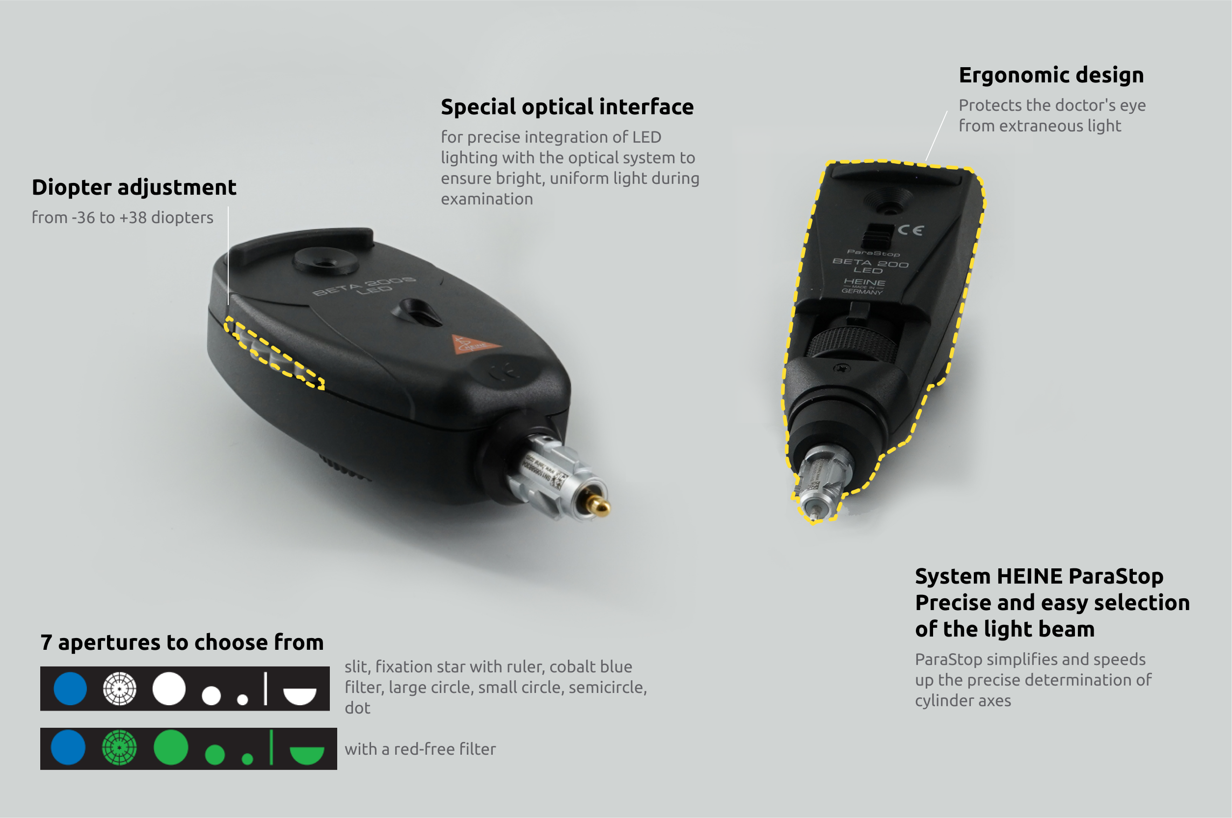 HEINE BETA 200 Ophthalmoscope LED 2.5 V with BETA 200 Retinoscope LED 2.5 V, BETA Battery Handle and Hard Case