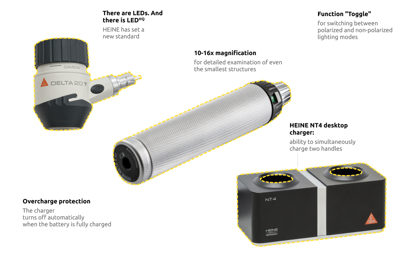 Two HEINE DELTA 20 T dermatoscopes, two rechargeable handles BETA4 NT, NT4 desktop charger