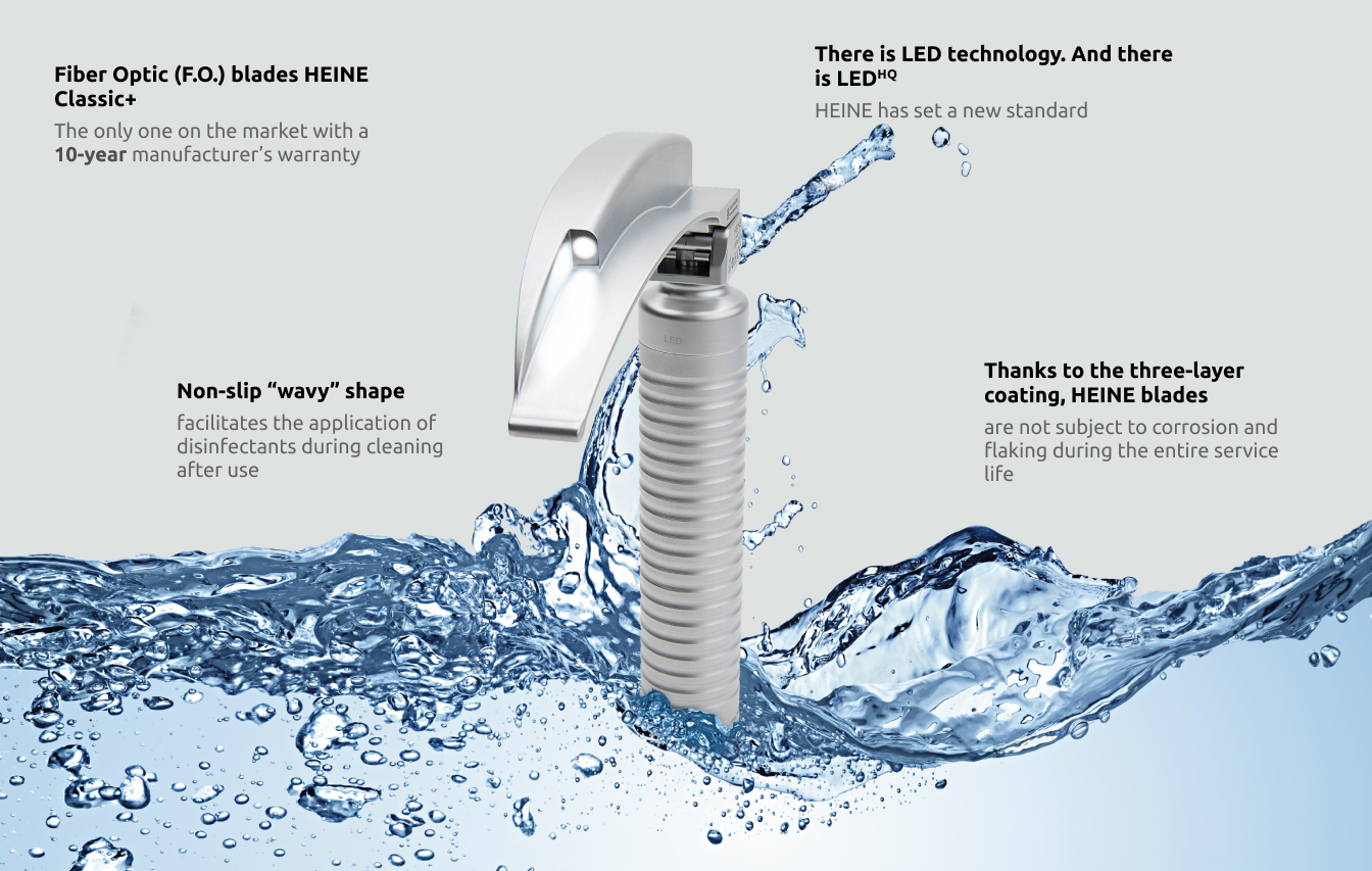 Laryngoscopy set: HEINE Paed 1, Mac 2, Mac 3, Mac 4 blades, EasyClean LED battery handle, zippered case.