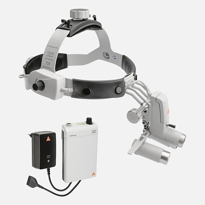 HEINE ML4 LED headlight, HRP 3.5x / 420 mm binocular loupe without S-GUARD protection, mPack battery, mains adapter. Set 3c.
