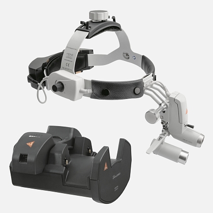 HEINE ML4 LED headlight, HRP 3.5x / 420 mm binocular loupe without S-GUARD protection, wall charger EN 50 UNPLUGGED, 2 mPack UNPLUGGED charging units. Set 8c.