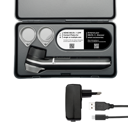 Dermatoscope HEINE DELTA X, E4-USBC power adapter, polymer contact plate (3 pcs), case