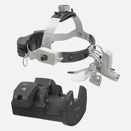 HEINE ML4 LED headlight, HR 2.5x / 340 mm binocular loupe with S-GUARD protection, wall charger EN 50 UNPLUGGED, 2 mPack UNPLUGGED charging units. Set 6.