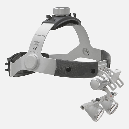 HEINE HR 2.5x binocular loupe on helmet without S-GUARD protection