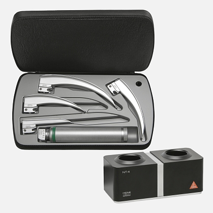 Laryngoscopy set: HEINE Paed 1, Mac 2, Mac 3, Mac 4 blades, Standard F.O.4 LED NT rechargeable handle, NT4 desktop charger, zippered case.