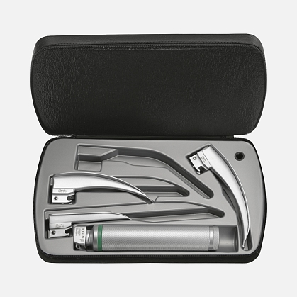 Laryngoscopy set: HEINE Paed 1, Mac 2, Mac 3 blades, Standard F.O. LED battery handle, zippered case.