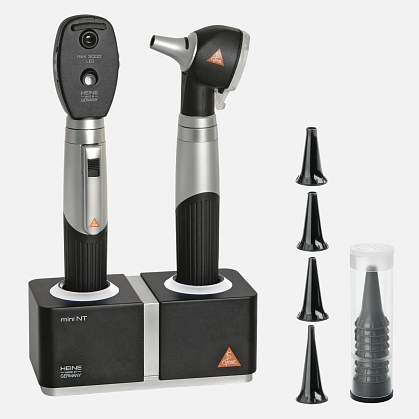 HEINE mini 3000 Direct Ophthalmoscope LED, mini 3000 F.O. LED Otoscope, two mini 3000 Rechargeable Handles, mini NT Desktop Charger and Specula