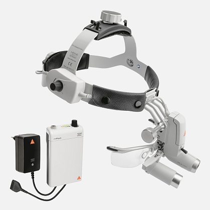 HEINE ML4 LED headlight, HRP 3.5x / 420 mm binocular loupe with S-GUARD protection, mPack battery, mains adapter. Set 3.