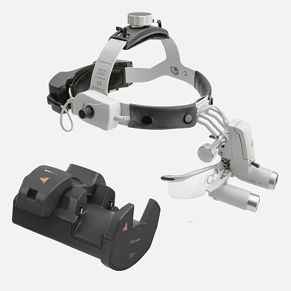 HEINE ML4 LED headlight, HRP 3.5x / 420 mm binocular loupe with S-GUARD protection, wall charger EN 50 UNPLUGGED, 2 mPack UNPLUGGED charging units. Set 8.