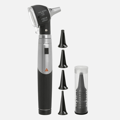 HEINE mini 3000 F.O. LED otoscope, mini 3000 battery handle, disposable and reusable specula.