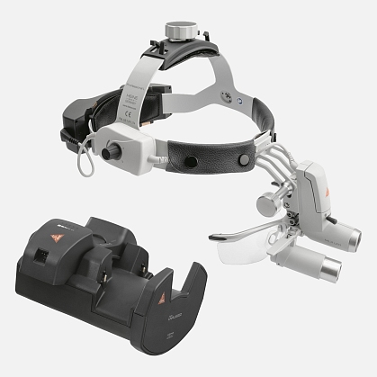 HEINE ML4 LED headlight, HRP 6x / 340 mm binocular loupe with S-GUARD protection, wall charger EN 50 UNPLUGGED, 2 mPack UNPLUGGED charging units. Set 10.