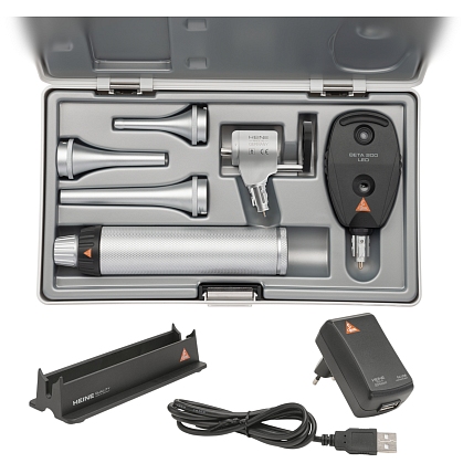 HEINE G100 LED slit illumination head 3.5V, BETA 200 LED ophthalmoscope 3.5V, rechargeable handle BETA4 USB, specula, case.