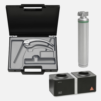 HEINE Laryngoscope Set: FlexTip+ 3 & FlexTip+ 4 Blades, Standard F.O.4 LED NT Rechargeable Handle, NT4 Table Charger, Case
