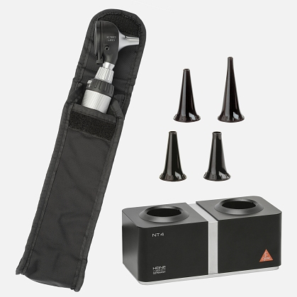 HEINE K 180 LED F.O. otoscope 3.5V, rechargeable handle BETA4 NT, desktop charger NT4, specula, soft case