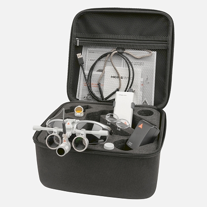 HEINE LoupeLight LED headlight, HR 2.5x binocular loupe on S-FRAME spectacle frame