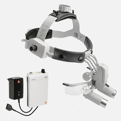 HEINE ML4 LED headlight, HRP 6x / 340 mm binocular loupe with S-GUARD protection, mPack battery, mains adapter. Set 5.