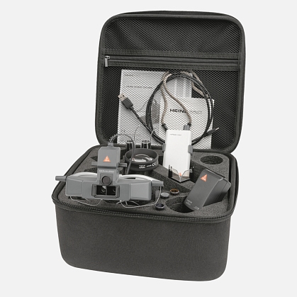 Indirect ophthalmoscope HEINE SIGMA 250 with S-FRAME, mPack mini charging unit, teaching mirror, blue and yellow filters, diffuser, case.