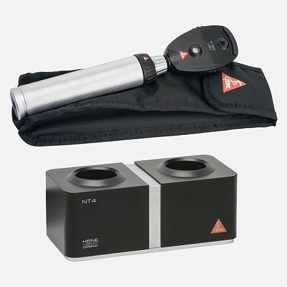 HEINE K 180 Direct Ophthalmoscope LED 3.5 V with Aperture Wheel 2, BETA 4 NT Rechargeable Handle, NT 4 Desktop Charger and Soft Case