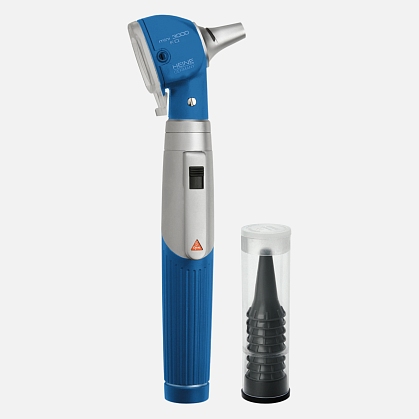 Mini 3000 F.O. otoscope head in blue color, XHL 2.5V, mini 3000 battery handle in blue color, disposable specula.