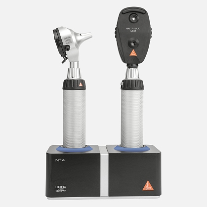 HEINE BETA 400 F.O. LED Otoscope 3.5 V with BETA 200 Direct LED Ophthalmoscope 3.5 V, two BETA 4 NT Rechargeable Handles, NT 4 Desktop Charger and Specula