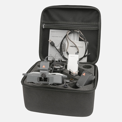 Indirect ophthalmoscope HEINE SIGMA 250 M2 with S-FRAME, mPack mini charging unit, teaching mirror, blue and yellow filters, diffuser, case.