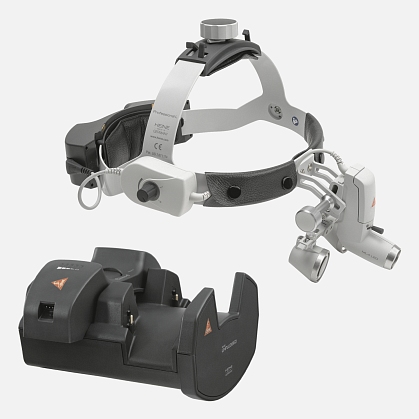 HEINE ML4 LED headlight, HR 2.5x / 340 mm binocular loupe without S-GUARD protection, wall charger EN 50 UNPLUGGED, 2 mPack UNPLUGGED charging units. Set 6c.