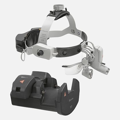HEINE ML4 LED headlight, HR 2.5x / 420 mm binocular loupe with S-GUARD protection, wall charger EN 50 UNPLUGGED, 2 mPack UNPLUGGED charging units. Set 7.