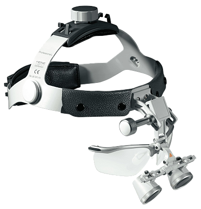 HEINE HR 2.5x binocular loupe on S-GUARD splash-proof helmet