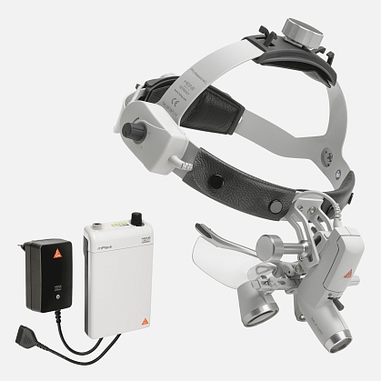 HEINE ML4 LED headlight, HR 2.5x / 420 mm binocular loupe with S-GUARD protection, mPack battery, mains adapter. Set 2.