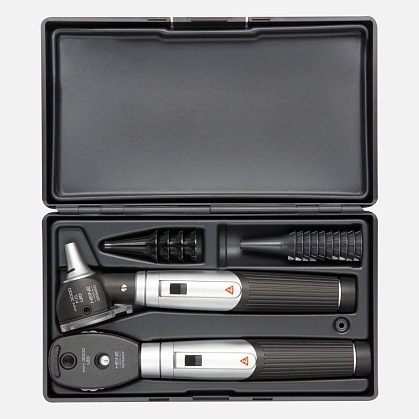 HEINE mini 3000 Direct Ophthalmoscope LED, mini 3000 F.O. LED Otoscope, two mini 3000 Battery Handles with batteries, Specula and Hard Case