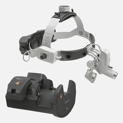 HEINE ML4 LED headlight, HR 2.5x / 420 mm binocular loupe without S-GUARD protection, wall charger EN 50 UNPLUGGED, 2 mPack UNPLUGGED charging units. Set 7c.