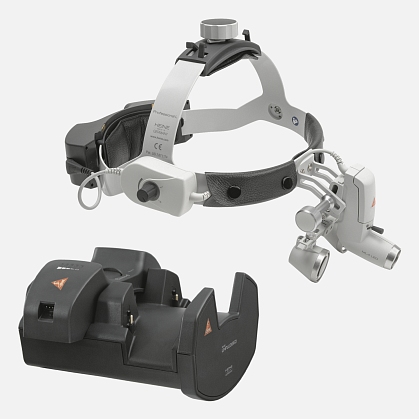 HEINE ML4 LED headlight, HR 2.5x / 520 mm binocular loupe without S-GUARD protection, wall charger EN 50 UNPLUGGED, 2 mPack UNPLUGGED charging units. Set 12c.