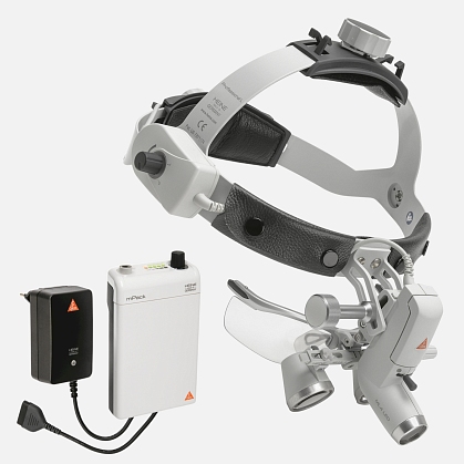 HEINE ML4 LED headlight, HR 2.5x / 520 mm binocular loupe with S-GUARD protection, mPack battery, mains adapter. Set 11.