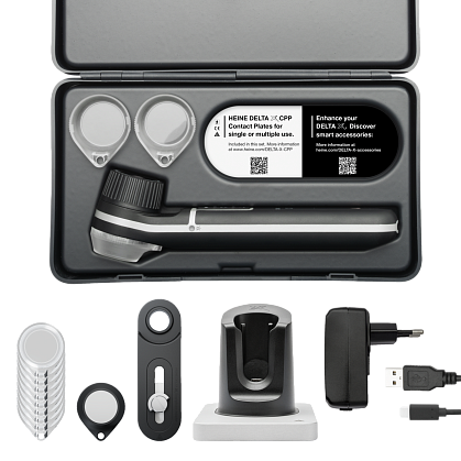 Dermatoscope HEINE DELTA X, HEINE X CS1 Single desktop charger, smartphone adapter for HEINE DELTA X dermatoscope, HEINE DELTA X CPG glass contact plate, E4-USBC power adapter, polymer contact plate (3 pcs), case