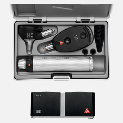 HEINE K 180 F.O. LED Otoscope 3.5 V with K 180 Direct LED Ophthalmoscope 3.5 V, BETA 4 NT Rechargeable Handle, NT 4 Desktop Charger, Specula and Hard Case