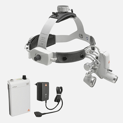 HEINE ML4 LED headlight, HR 2.5x / 420 mm binocular loupe without S-GUARD protection, mPack battery, mains adapter. Set 2c.