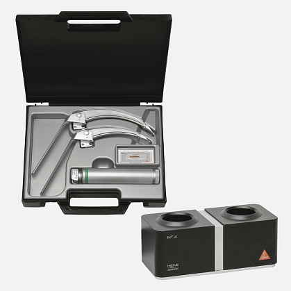 HEINE Laryngoscope Set: FlexTip+ 3 & FlexTip+ 4 Blades, Standard F.O.4 NT Rechargeable Handle, NT4 Table Charger, Case