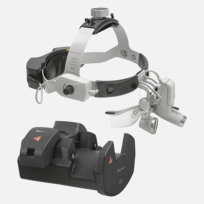 HEINE ML4 LED headlight, HR 2.5x / 520 mm binocular loupe with S-GUARD protection, wall charger EN 50 UNPLUGGED, 2 mPack UNPLUGGED charging units. Set 12.