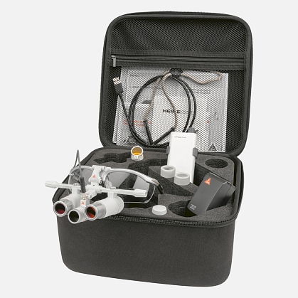 HEINE LoupeLight headlight with HRP 3.5x/4x/6x binocular loupes on S-FRAME spectacle frame