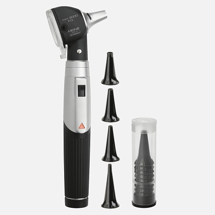 Mini 3000 F.O. XHL 2.5V otoscope head, mini 3000 battery handle, disposable and reusable specula.