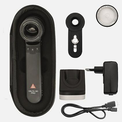 HEINE DELTA 30 PRO LED dermatoscope with contact plate with scale, E4-USBC power supply with cable, small contact plate, Charger 30 desktop charger, universal MAG smartphone adapter, case