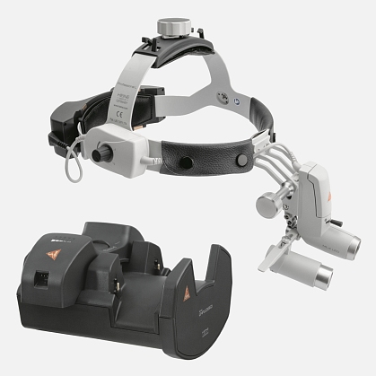 HEINE ML4 LED headlight, HRP 4x / 340 mm binocular loupe without S-GUARD protection, wall charger EN 50 UNPLUGGED, 2 mPack UNPLUGGED charging units. Set 9c.