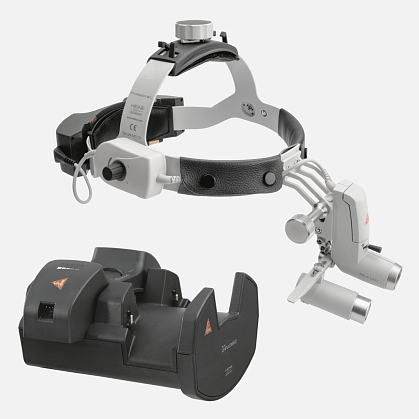 HEINE ML4 LED headlight, HRP 6x / 340 mm binocular loupe without S-GUARD protection, wall charger EN 50 UNPLUGGED, 2 mPack UNPLUGGED charging units. Set 10c.