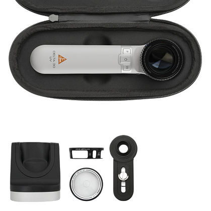 HEINE DELTA 30 UV dermatoscope with contact plate with scale, E4-USBC power supply with cable, small contact plate, Charger 30 desktop charger, universal MAG smartphone adapter, case